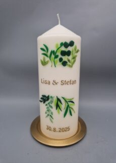 Hochzeitskerze "Blättervielfalt für Naturliebhaber",  20 x 7,5 cm, CREME, Wachsmotiv, personalisiert