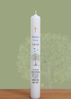 Taufkerze Junge "Lebensbaum mit KREUZ und Blauen Schmetterlingen", 40 x 4 cm, Druckmotiv, mit Taufspruch, personalisiert