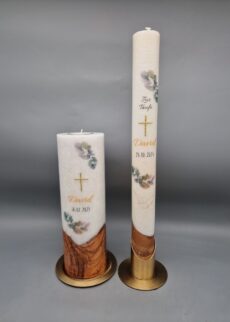 Taufkerzen SET mit ECHTHOLZSTÜCK "Eukalyptus-Zweige", Taufkerze 40 x 4 cm und Lebenskerze mit Teelicht 25 x 8 cm, Druckmotiv, Goldenes Wachskreuz, personalisiert