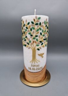 Superior Taufkerze mit Echtholzstück und Docht Junge, Mädchen "Lebensbaum in Gold, Grün und BEIGE", 20 x 8 cm, Stearin mit Kristall-Optik, Wachsmotiv, personalisiert