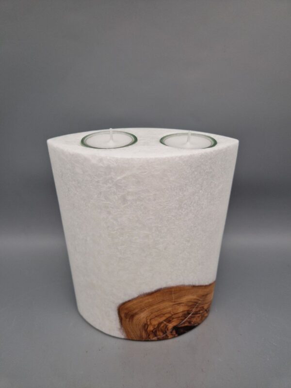 EXQUISITE ovale Kerze mit ECHTHOLZSTÜCK und 2 Teelichteinsätzen, aus Stearin mit Kristall-Optik,  21 x 15 x 8 cm, Flagship Candle!