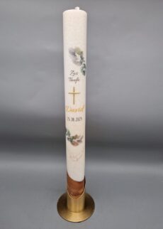 Taufkerze mit ECHTHOLZSTÜCK Junge, Mädchen "Eukalyptus-Zweige", 40 x 4 cm, Druckmotiv, Goldenes Wachskreuz, personalisiert