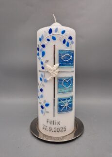 NACHHALTIGE exklusive Taufkerze Junge "Blaues Marmor-Wachs christliche Symbole mit Blätterranke", Wachsdesign, 20 x 7 cm, mit Silber, personalisiert