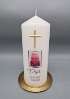 Premium Trauerkerze mit Kreuz aus Wachs in Gold oder Silber und gedrucktem FOTO, 20 x 8 cm, personalisiert