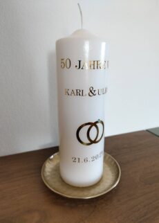 Kerze zur Goldenen Hochzeit "Ringe", 30 x 8 cm, Wachsmotive,  personalisiert