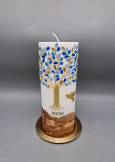 Superior Taufkerze mit Echtholzstück und Docht Junge, Mädchen "Lebensbaum in Gold, Blautöne", 20 x 8 cm, Stearin mit Kristall-Optik, Wachsmotiv, personalisiert