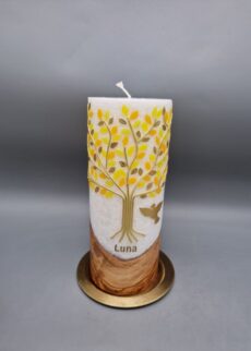 Superior Taufkerze mit Echtholzstück und Docht Junge, Mädchen "Lebensbaum in Gold, Gelbtöne", 20 x 8 cm, Stearin mit Kristall-Optik, Wachsmotiv, personalisiert