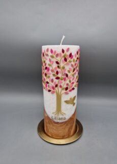 Superior Taufkerze mit Echtholzstück und Docht Junge, Mädchen "Lebensbaum in Gold, Rosatöne", 20 x 8 cm, Stearin mit Kristall-Optik, Wachsmotiv, personalisiert