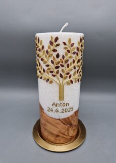 Superior Taufkerze mit Echtholzstück und Docht Junge, Mädchen "Lebensbaum in Gold und KUPFER", 20 x 8 cm, Stearin mit Kristall-Optik, Wachsmotiv, personalisiert