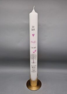 Taufkerze Mädchen "Lebensbaum mit Pinken Schmetterlingen und Pinker Schrift", 40 x 4, Druckmotiv, personalisiert