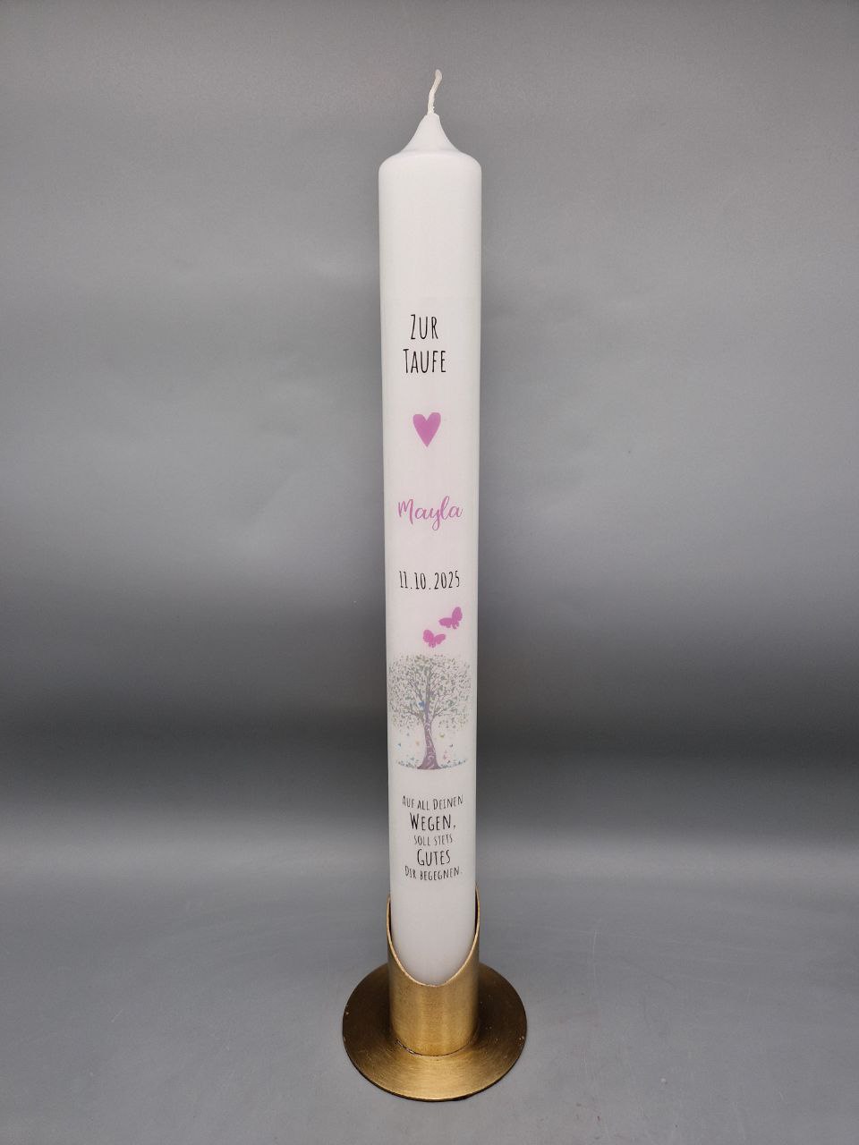 Taufkerze Mädchen "Lebensbaum mit Pinken Schmetterlingen und Pinker Schrift", 40 x 4, Druckmotiv, personalisiert