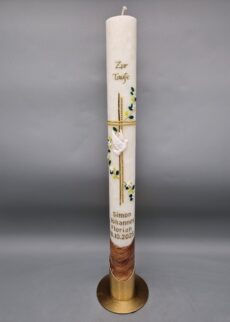 Superior Taufkerze mit Echtholzstück "Goldenes Kreuz mit Grüner Blätterranke und weißen Blumen", Taube, Wachsmotiv, personalisiert