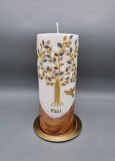 Superior Taufkerze mit Echtholzstück und Docht Junge, Mädchen "Lebensbaum in Gold, Beige, Grau, Weiß", 20 x 8 cm, Stearin mit Kristall-Optik, Wachsmotiv, personalisiert