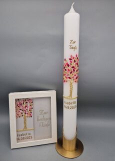 Superior Tauf-Set bestehend aus Taufkerze und Taufbrief "Geflochtener goldener Lebensbaum mit Blättern in Rosatönen", 40 x 4 cm, Wachsmotive, personalisiert