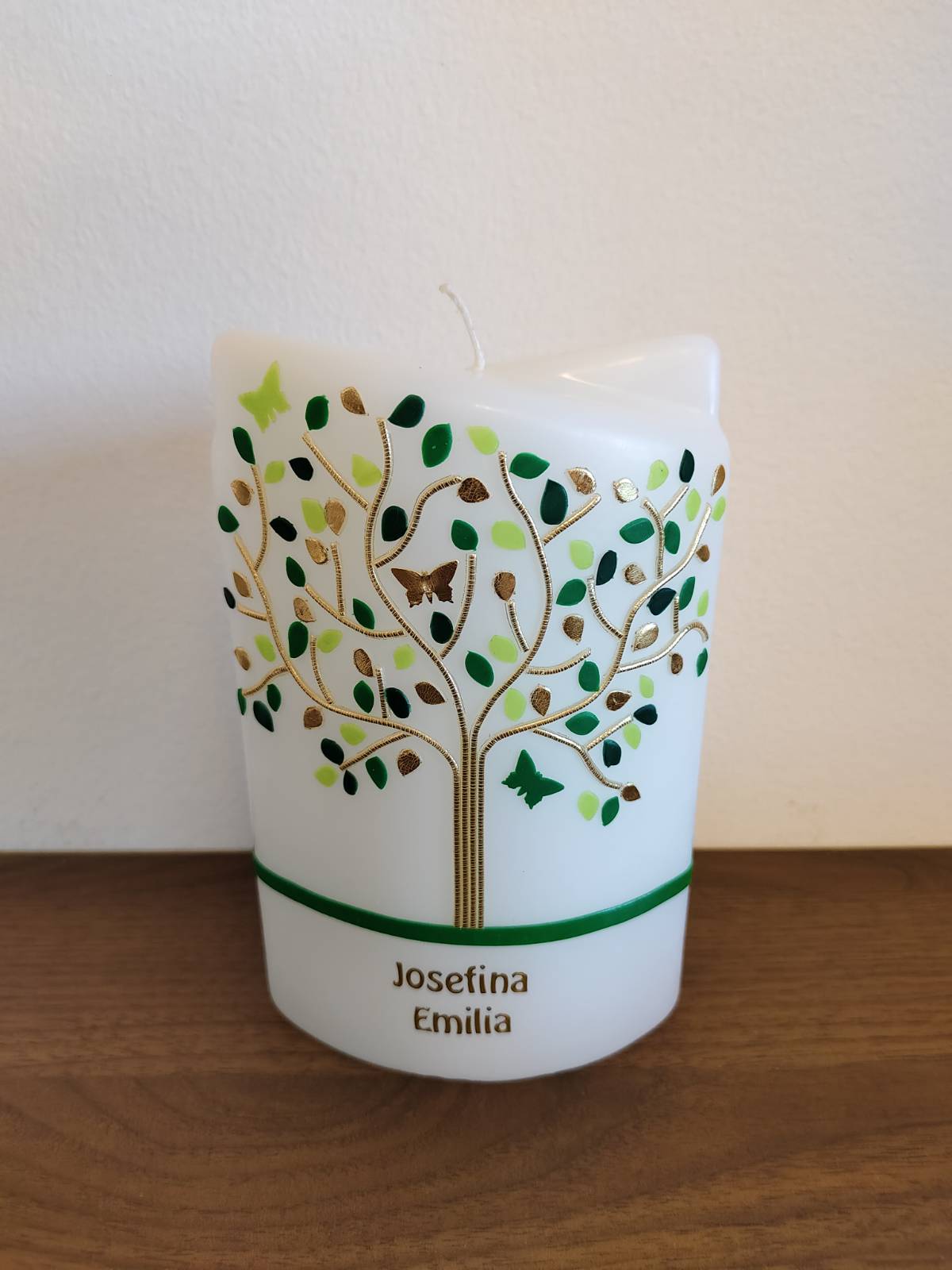 Premium 2-teiliges Lebenskerzen-Set aus 2-Flügel-Ellipse und Taufbrief "Lebensbaum Blätter in Grün" - Blätter in anderer Farbe möglich – Bild 3