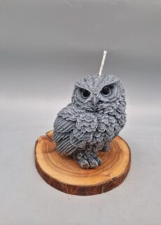 3D Kerze: "Eule", sehr detailgetreu, 8 cm hoch, Farbe: Dunkelgrau, nachhaltig aus Recyclingwachs, Handarbeit