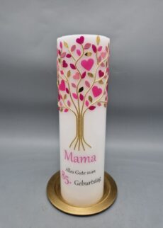 NACHHALTIGE Kerze mit Teelicht-Einsatz zum 85. Geburtstag deiner Mama "Herzen und Blätter in Rosatönen", 23 x 7 cm, Wachsmotiv mit Druck kombiniert, Recycling-Wachs