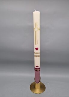 NACHHALTIGE Taufkerze 2-färbig Creme und Beere, Kreuz, Fisch, Wasser, 40 x 3 cm, Wachsmotive, Recycling-Wachs, personalisiert