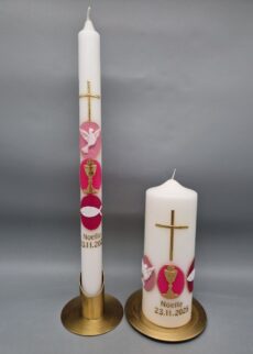Taufkerzen-SET für Mädchen "Kreuz, Taube, Kelch und Fisch", für Taufe/Kommunion und Firmung an einem Tag, Wachsmotiv, personalisiert