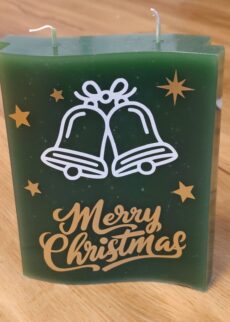 weihnachtskerzen gruen doppelwelle Glocken gold, weiß, merry christmas