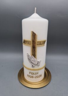 Exklusive Trauerkerze "Kreuz und 3D betende Hände", 20 x 7 cm, Wachsmotiv, personalisiert - UNIKAT