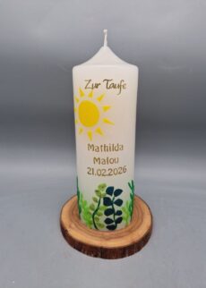 NACHHALTIGE Taufkerze "Sonne und Pflanzen ALL AROUND" 20 x 7 cm, Wachsmotiv, Recycling-Wachs, personalisiert