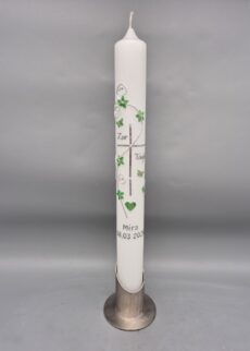 Taufkerze "Grün marmorierte Blümchen und Schmetterlinge", 40 x 4 cm, Herz, Babyfüße, Kreuz Silber, Wachsmotive, personalisiert
