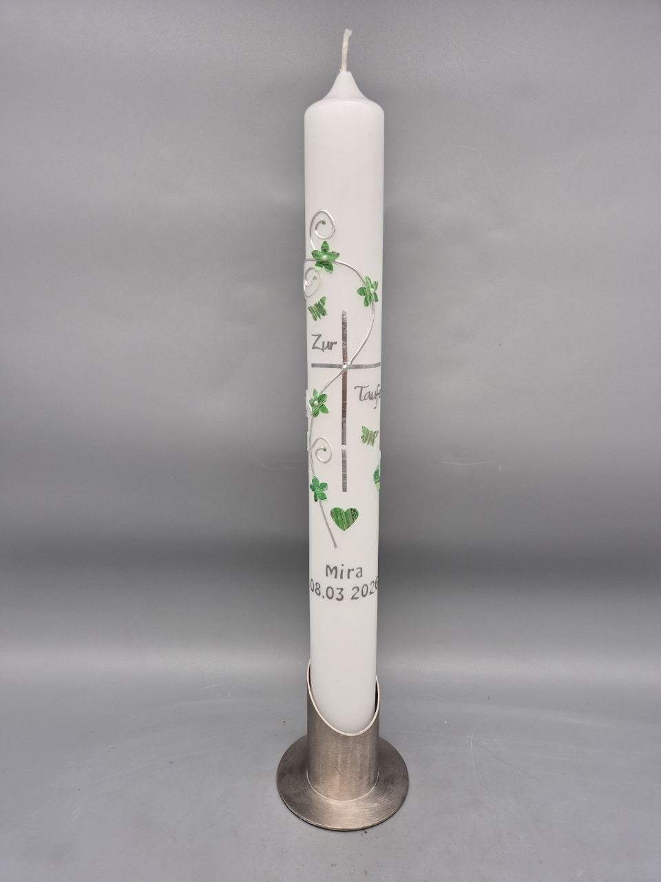 Taufkerze "Grün marmorierte Blümchen und Schmetterlinge", 40 x 4 cm, Herz, Babyfüße, Kreuz Silber, Wachsmotive, personalisiert