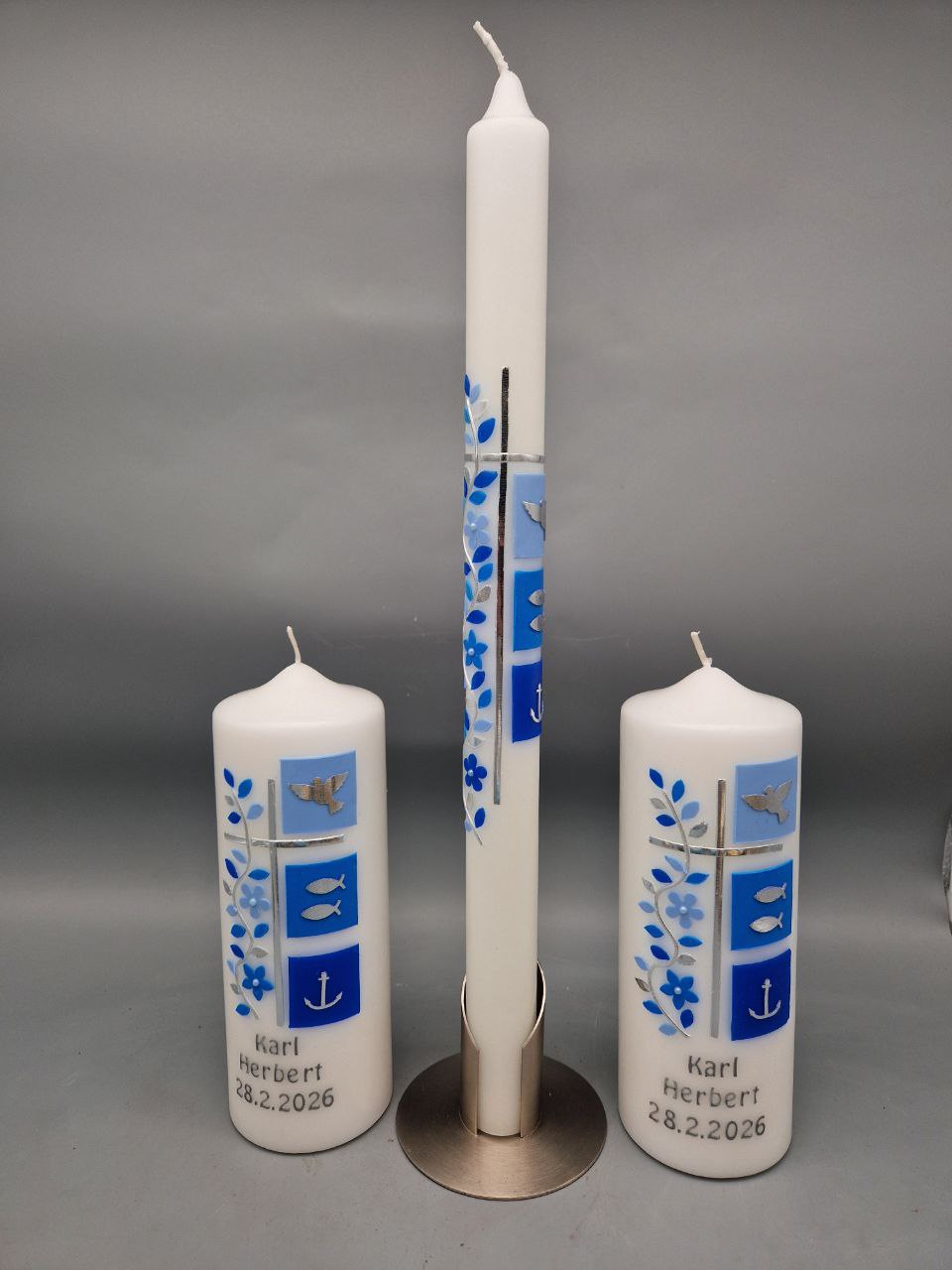 Premium 3-teiliges Taufkerzen Set "Blauer Traum2", Taufkerze 40 x 3 cm und Lebenskerze und Patenkerze 20 x 7 cm, Wachsmotive, personalisiert