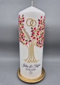 Premium Hochzeitskerze "Lebensbaum Rottöne mit Gold", 27 x 10 cm (eindrucksvoll groß), Wachsmotiv, Personalisierung als Druck
