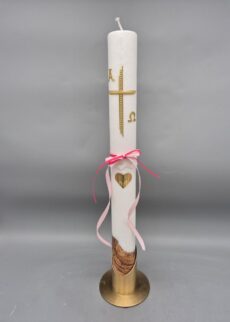 Taufkerze mit Echtholzstück Mädchen "Wunderschönes Kreuz in Gold mit Alpha & Omega", Herz, 40 x 4 cm, Wachsmotiv, hübsche Bänder, personalisiert