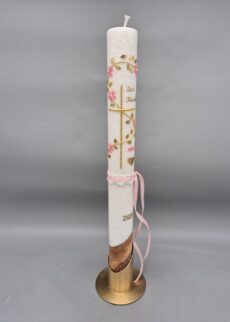 Taufkerze mit Echtholzstück Mädchen "Goldenes Kreuz und Rosa Blumen", 40 x 4 cm, Wachsmotiv, hübsche Bänder, personalisiert