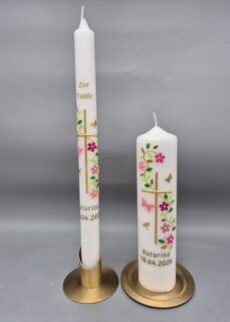 Premium 2-teiliges Taufkerzen-SET "Traum in Rosatönen" Taufkerze 40 x 3 cm und Lebenskerze 25 x 6 cm für Mädchen "Kreuz, Blätterranke, Blumen, Schmetterlinge und Libelle", Wachsmotive, personalisiert