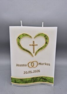 NACHHALTIGE Hochzeitskerze Doppelwelle mit 2 Dochte "Marmor-Grünes Herz", mit Gold, 18,5 x 14 x 4, Wachsmotive, aus Recycling-Wachs, personalisiert, diese Kerzenform findest du nur bei uns
