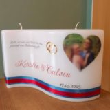 Hochzeitskerze, GROSSE WELLE mit 2 Dochte "Herz mit FOTO und Ringe",  26 x 16 x 5 cm, Druckmotiv, personalisiert