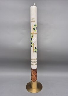 40 x 3 cm Taufkerze mit ECHTHOLZSTÜCK aus Stearin "Goldenes Kreuz, weiße Taube, grüne Blätterranke und weiße Blumen", Wachsmotiv, personalisiert