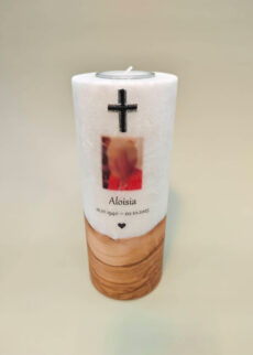 Premium Trauerkerze mit ECHTHOLZSTÜCK und TEELICHT-EINSATZ "Kreuz" und FOTO, 20 x 8 cm, personalisiert