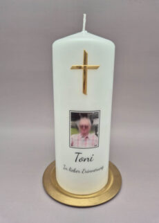 Premium Trauerkerze "Kreuz aus Wachs in Gold oder Silber und FOTO als Druck", 20 x 8 cm, personalisiert