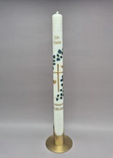 Taufkerze de LUXE aus STEARIN Mädchen, Junge "Kreuz, Eukalyptus-Ranke, Taube und Herz", 40 x 3 cm, Wachsmotive, personalisiert