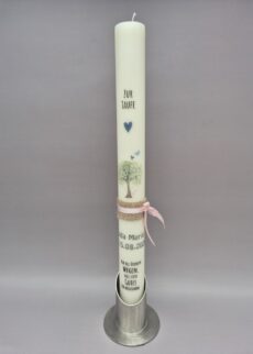 NACHHALTIGE Taufkerze Mädchen "Lebensbaum", 40 x 3,5 cm, Druckmotiv, mit Taufspruch, mit hübschen Bändern, personalisiert in Silber