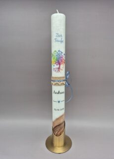 Premium Taufkerze mit ECHTHOLZSTÜCK für Jungen "Bunter Lebensbaum mit Schmetterlingen", 40 x 4 cm (oder 40 x 3 cm), Druckmotiv, 3 hübsche Bänder, personalisiert