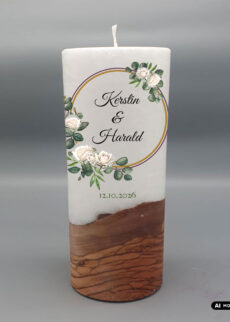 Stumpen Holzkern Docht 20x8 onlineshop zarter bluetenkranz weiße Rosen Hochzeitskerze