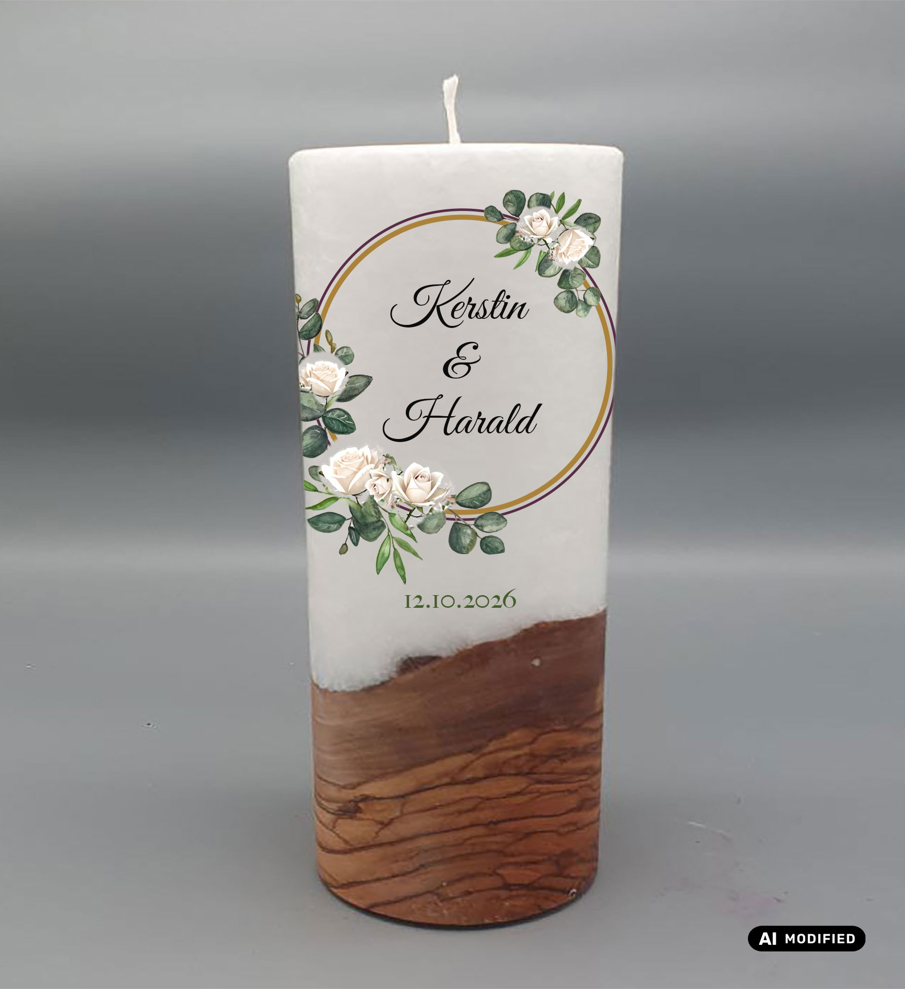 Stumpen Holzkern Docht 20x8 onlineshop zarter bluetenkranz weiße Rosen Hochzeitskerze