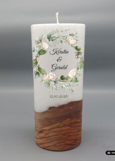 Stumpen Holzkern Docht 20x8 onlineshop zarter bluetenkranz weiße Rosen