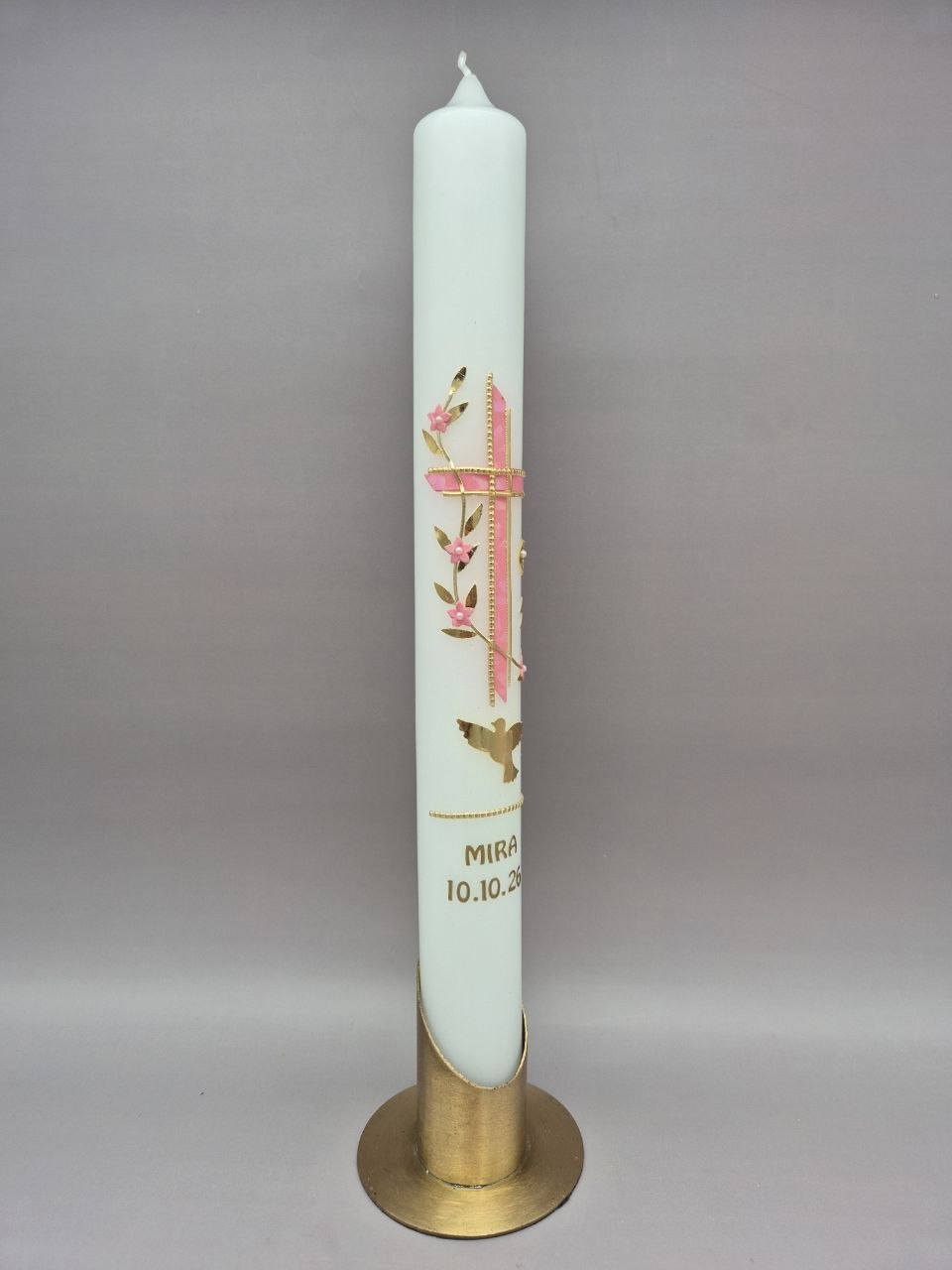 Taufkerze Mädchen "Rosa Glitzerkreuz, Fisch, Wasser und Taube", Ranke mit rosa Blumen, 40 x 4 cm, Wachsmotive, personalisiert – Bild 2