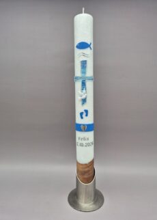Taufkerze mit Echtholzstück Junge "Kreuz in Marmor-Blau-Silber", Kreuz, Taube, Fisch, Wasser, Herz, Babyfüße, 40 x 4 cm, Wachsmotive, personalisiert