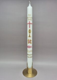 Taufkerze Mädchen "Kreuz, Kelch, Fisch und Wasser in Marmor-Rosa und Gold", 40 x 3 cm, Wachsmotiv, Aufschrift: "Zur heiligen Taufe", personalisiert