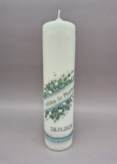 UNIKAT Hochzeitskerze " Eukalyptus-Traum", einmalige Wachsplatten, Strassteine, 25 x 6 cm, Wachsmotive, personalisiert