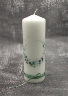 Hochzeitskerze "Salbei Blätterkranz" 25 x 8 cm, weiße oder cremefarbene Kerze, mit Band, Druckmotiv, personalisiert